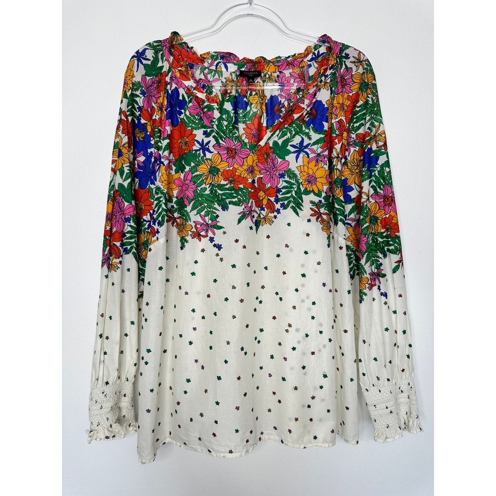 Talbots Popover Tunic Top Size 2X Ditsy Floral Cotton Cream Smocked Cuff Boho